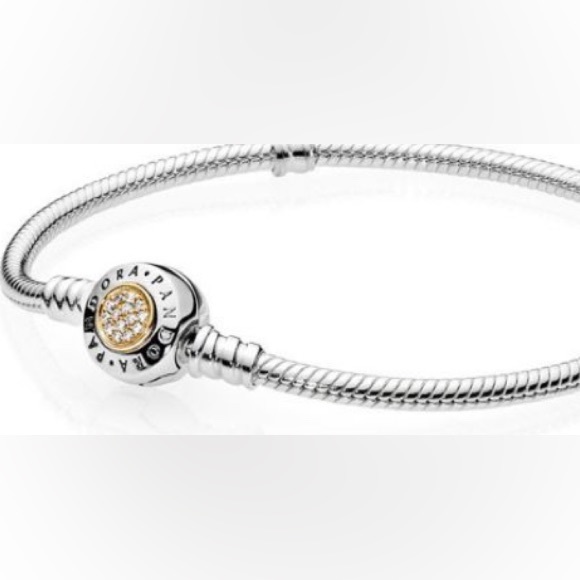 ❤️ PANDORA SIGNATURE BRACELET WITH 14K GOLD CIRCLE CLEAR CZ RETIRED BRAND NEW - Picture 2 of 4